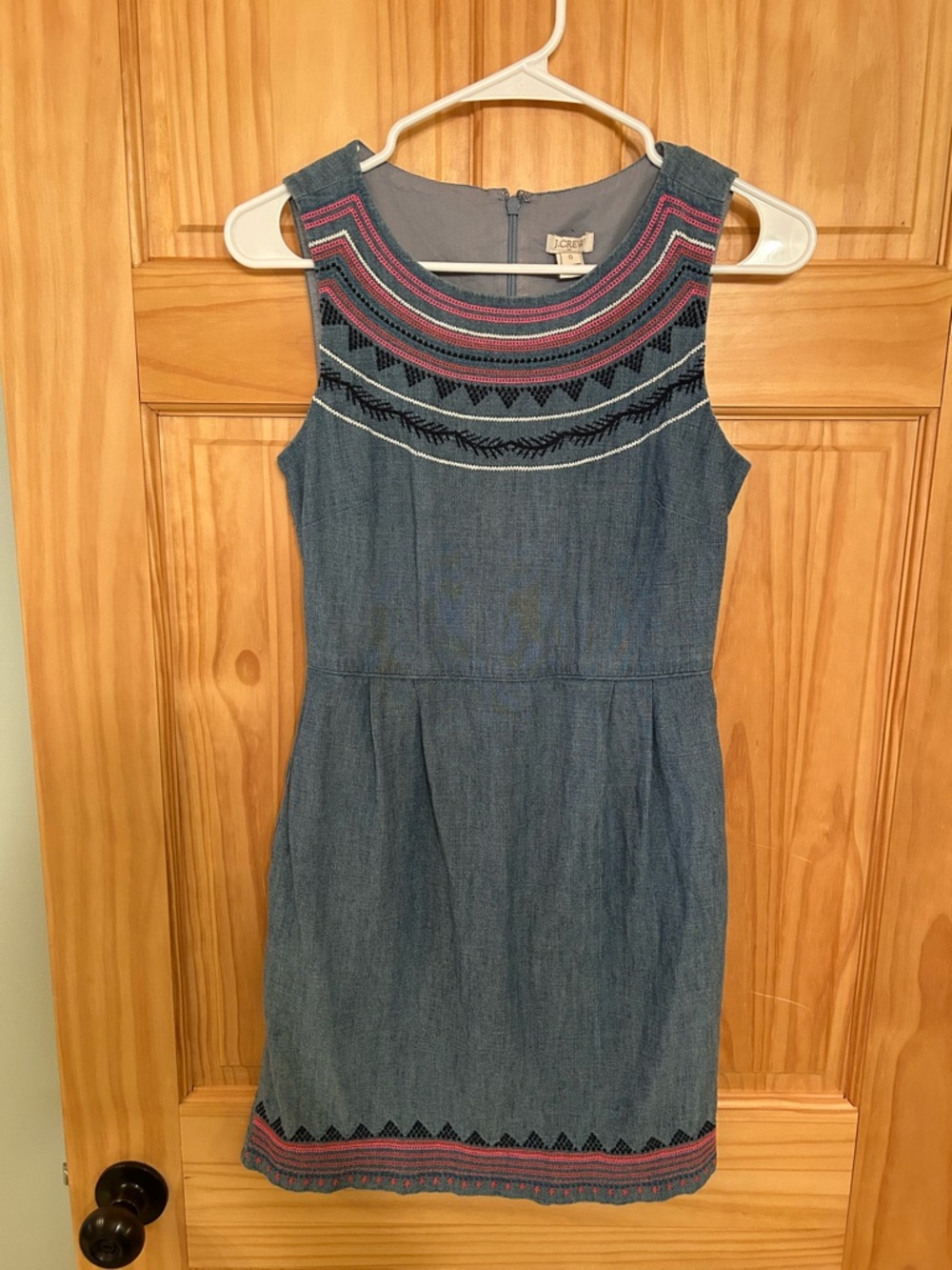 J. Crew Denim Sleeveless Mini Dress with Pink & Navy Embroidery